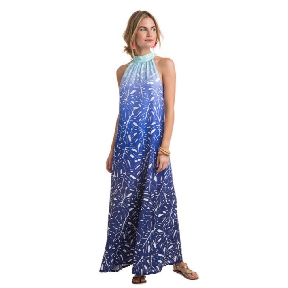 Vineyard Vines Silk Blend Monstera Blue Ombre Halter Maxi Resort Dress Size 2